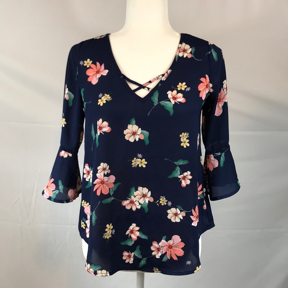 Sienna Sky- Navy floral bell sleeve Boho top, XS